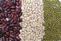 Rows of three widely consumed beans in India. These are red kidney beans, black eyed beans and mung beans. Royalty Free Stock Photo