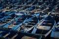 Rows of traditional blue fishing boats in the harbor of the city of Essaouira, in the Atlantic Coast of Morocco