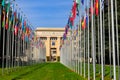 Rows of the United Nations member states flags in front of Palace of United Nations in Geneva, Switzerland Royalty Free Stock Photo