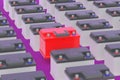 Rows of 12 V auto batteries and one broken on purple background