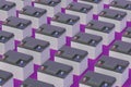 Rows of 12 V auto batteries on purple background. Battery capacity