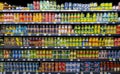 Rows of variety canned food product on shelves in a grocery store