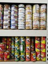 Rows of variety canned food product on shelves