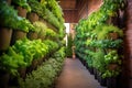 rows of vertical hydroponic planters with herbs