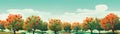 Rows Of Vibrant Apple Trees In An Orchard During Harvest Illustration. Panoramic Banner. Generative AI
