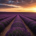 Rows of vibrant lavender stretch across a vast field, creating a mesmerizing pattern