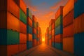 Rows of vibrant shipping containers are stacked high during an orange sunset illustration Royalty Free Stock Photo