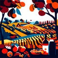 Rows of vineyards in Tuscany, Italy. Vector illustration Generative AI