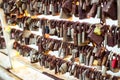 Rows of wedding locks hanged on the railing of love bridge