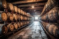 rows of whiskey barrels aging in oak casks