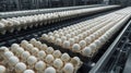 Industrial conveyor of white eggs on trays in a large processing facility Royalty Free Stock Photo