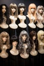 rows of wigs on mannequin heads for display