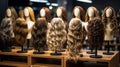 rows of wigs on mannequin heads for display