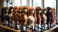 rows of wigs on mannequin heads for display