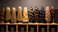 rows of wigs on mannequin heads for display