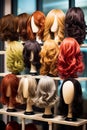 rows of wigs on mannequin heads for display