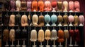 rows of wigs on mannequin heads for display