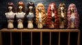 rows of wigs on mannequin heads for display