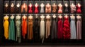 rows of wigs on mannequin heads and dresses for display