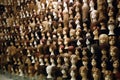 rows of wigs on mannequin heads, various styles