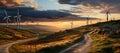 Rows of wind turbines generating power in scenic evening scenery on summer. Windmills generating green energy on background of Royalty Free Stock Photo