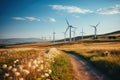 Rows of wind turbines generating power in scenic evening scenery on summer. Windmills generating green energy on background of