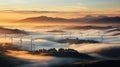 Rows of wind turbines generating power in scenic foggy evening scenery on summer. Windmills generating green energy on background Royalty Free Stock Photo