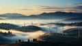 Rows of wind turbines generating power in scenic foggy evening scenery on summer. Windmills generating green energy on background Royalty Free Stock Photo