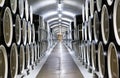 Rows of wine barrels in an underground vault