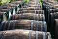 Rows of wine oak barrels lying Royalty Free Stock Photo