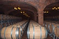Rows of wood barrels for wine at the Salton Winery
