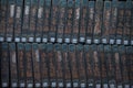 Rows of wood blocks of Tripitaka Koreana Buddhist Scriptures in Haeinsa Temple in South Korea Royalty Free Stock Photo