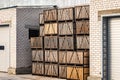 Rows of wooden crates boxes and pallets for fruits and vegetables in storage stock. production warehouse. Plant Industry