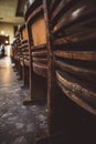 Rows of wooden grandstand empty seats of sport center Gerevich Aladar Nemzeti in Budapest Royalty Free Stock Photo