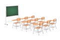 Rows of Wooden Lecture School or College Desk Tables with Chairs