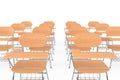 Rows of Wooden Lecture School or College Desk Tables with Chairs