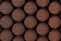 Rows of Wooden Oak Barrels Background. 3d Rendering Royalty Free Stock Photo