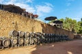 Rows of wooden wine barrels in vineyard in Australia. Royalty Free Stock Photo