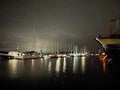 Rows of yachts in the harbour at night