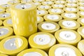 Rows of yellow alkaline batteries, one sticking