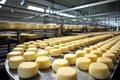 Rows of yellow cheese wheels maturing in a factory setting, highlighted by industrial shelves and a cool, sterile Royalty Free Stock Photo