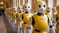 Rows of yellow humanoid robots stand in a futuristic hallway, ready for deployment, AI