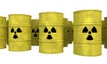 Rows of yellow nuclear waste barrel