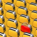 Rows of Yellow Vintage Toasters with Red One. 3d Rendering