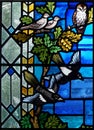 Stained glass window with Doves, Magpies and an Owl and Oak Leaves.