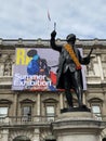Royal Academy of Arts Summer Exhibition, 2021. Statue of Joshua Reynolds with exhibition poster.