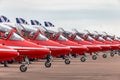 Royal Air Force RAF Red Arrows formation aerobatic display team British Aerospace Hawk T.1 Jet trainer aircraft prepare for take Royalty Free Stock Photo