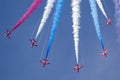 Royal Air Force RAF Red Arrows formation aerobatic display team flying British Aerospace Hawk T.1 Jet trainer aircraft.