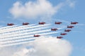 Royal Air Force RAF Red Arrows formation aerobatic display team flying British Aerospace Hawk T.1 Jet trainer aircraft.