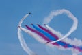 Royal Air Force Red Arrows display team flying in tornado formation